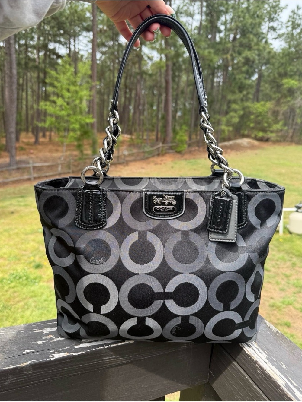 Coach Black and Gray Signature Chain-Handle Shoulder Bag